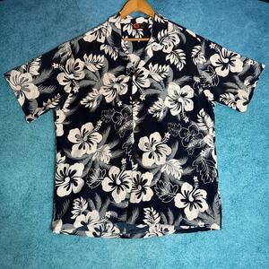 Ali’i Fashions Hawaii Men’s Floral Tropical Shirt Navy White L (No Tag) Vintage
